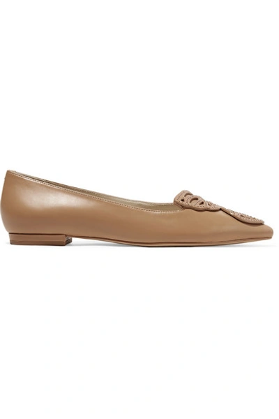 Shop Sophia Webster Butterfly Studded Appliquéd Leather Point-toe Flats In Tan