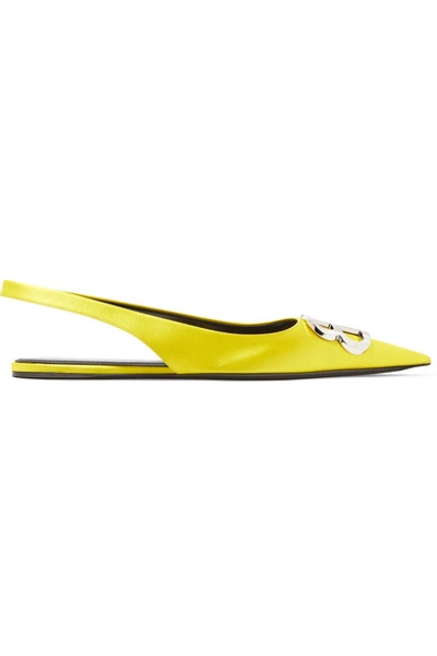 Shop Balenciaga Knife Logo-embellished Satin Point-toe Flats In Yellow