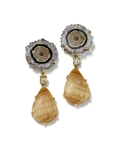 Shop Jan Leslie 18k Bespoke One-of-a-kind Luxury 2-tier Earring With Jasper Stalactite, Yellow Lace Agate And Diamon