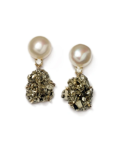 Shop Jan Leslie 18k Bespoke One-of-a-kind Luxury 2-tier Earring With Pearl, Pyrite, And Diamond