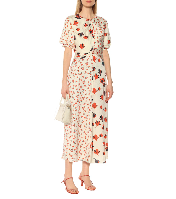 Self-Portrait Paneled Floral-Print Satin-Jacquard Midi Dress In Cream ...
