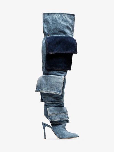 Shop Natasha Zinko Blue Thigh-high Denim Boots