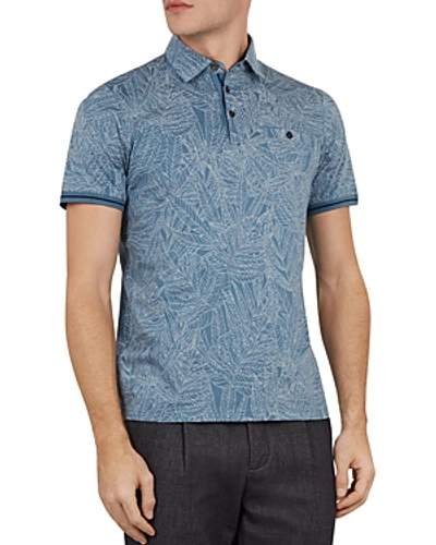 Shop Ted Baker Vaness Leaf Print Slim Fit Polo Shirt In Mid Blue