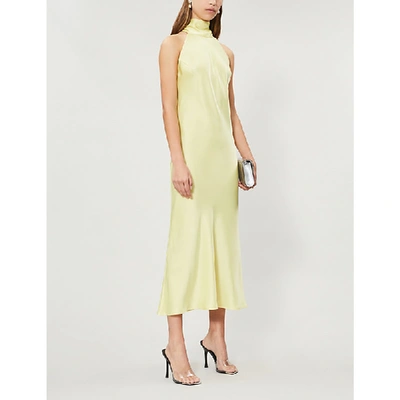 Shop Galvan Sienna Halterneck Satin Midi Dress In Lemon