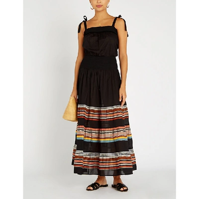 Shop Tory Burch Striped Smocked Cotton Dress In Black Webbing Stripe