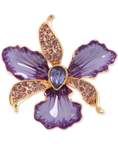 Shop Anne Klein Gold-tone Colored Crystal Orchid Pin In Purple