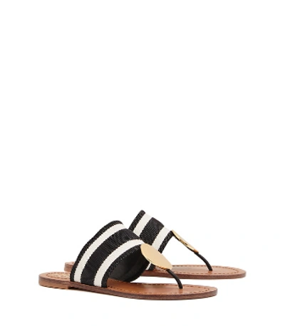 Shop Tory Burch Patos Striped Disk Sandals In Black And White Stripe / Royal Tan