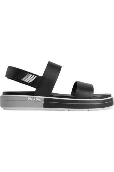 Shop Prada Logo-embossed Rubber-trimmed Leather Sandals In Black