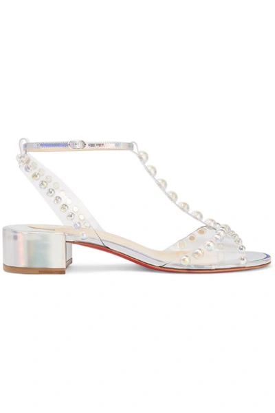 Shop Christian Louboutin Faridaravie 25 Embellished Pvc And Iridescent Leather Sandals In Silver