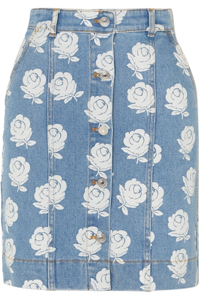 Shop Kenzo Floral-print Denim Mini Skirt In Light Denim