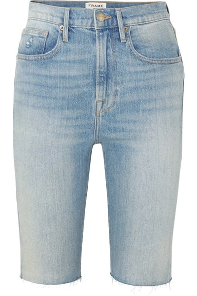 Shop Frame Le Vintage Bermuda Frayed Denim Shorts In Mid Denim