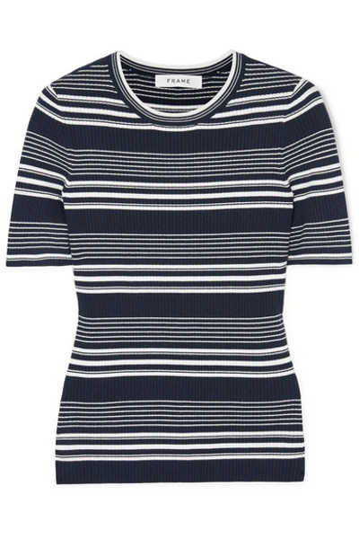 Shop Frame Striped Ribbed-knit Top In Navy