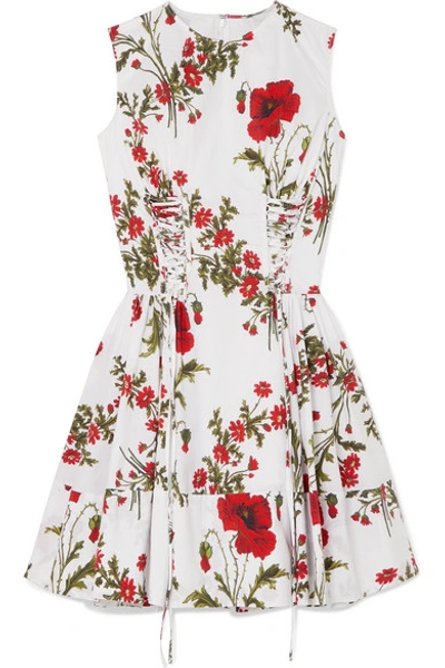 Shop Alexander Mcqueen Lace-up Floral-print Cotton-poplin Mini Dress In Ivory