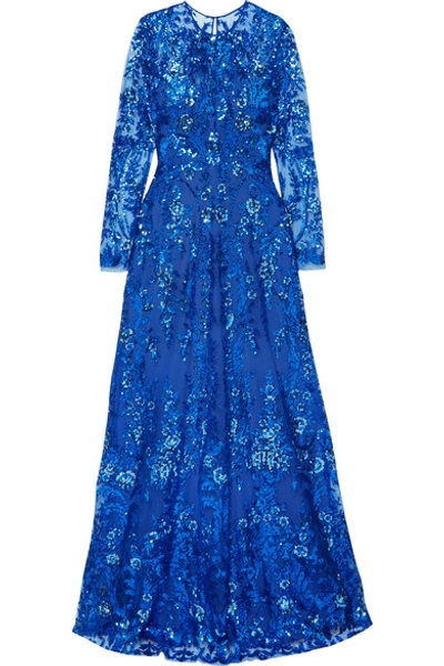 Shop Naeem Khan Sequined Tulle Gown In Blue