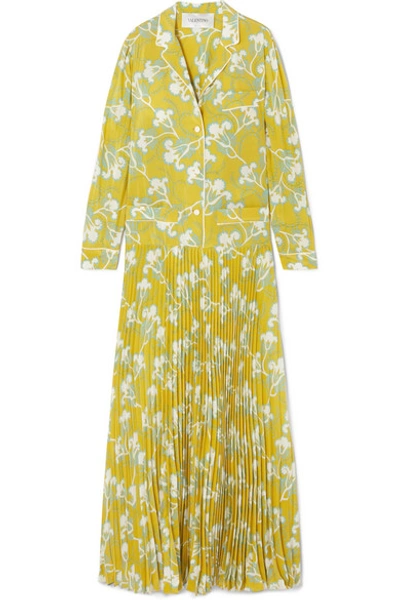 Shop Valentino Pleated Printed Silk Crepe De Chine Maxi Dress In Yellow