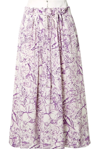 Shop Tibi Isa Denim-trimmed Printed Silk Crepe De Chine Skirt In Lilac