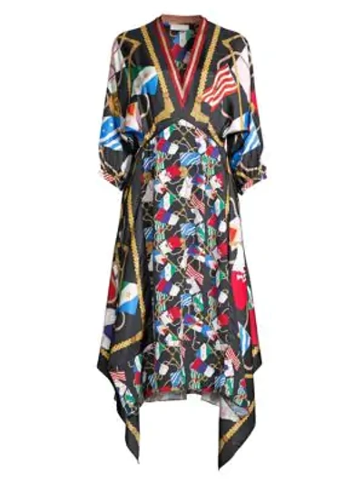 Shop Sandro Lauriane Silk Flag-print Handkerchief Dress In Black
