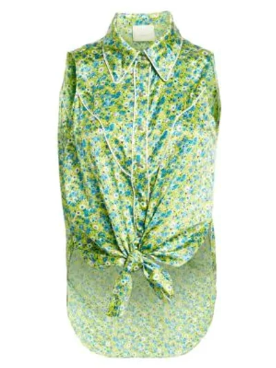 Shop Cinq À Sept Leon Floral Tie-front Sleeveless Blouse In Peri Dot Multi