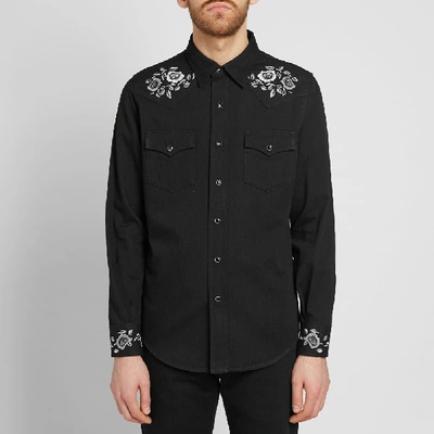 Shop Saint Laurent Floral Embroidered Western Shirt In Black