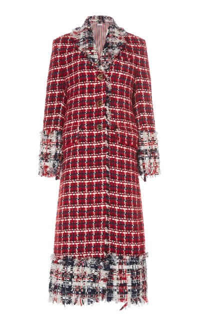 Shop Thom Browne Check Tweed Frayed Coat In Red