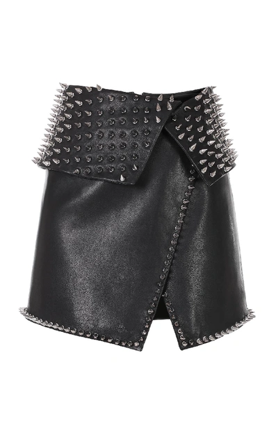 Shop Balmain Spiked Wrap Leather Mini Skirt In Black