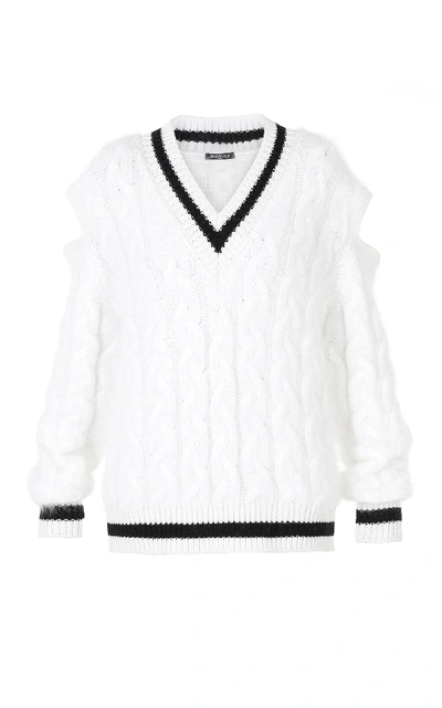 Shop Balmain Cutout Cable-knit Wool-blend Sweater In White