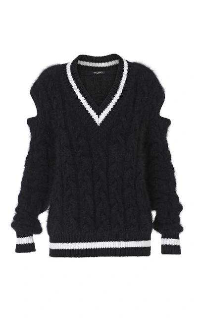 Shop Balmain Cutout Cable-knit Wool-blend Sweater In Black