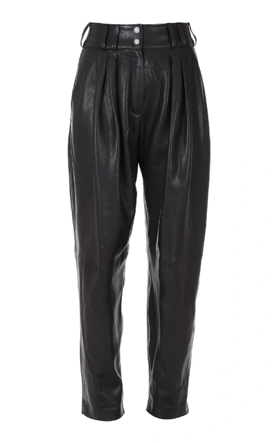 Shop Balmain High-waisted Leather Tapered Pants In Black