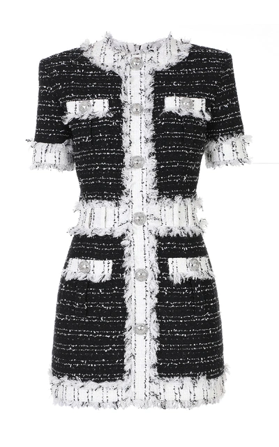 Shop Balmain Faux Pearl-embellished Tweed Mini Dress In Black/white