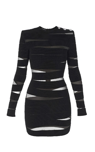 Shop Balmain Long Sleeve Open-knit Mesh Dress In Black