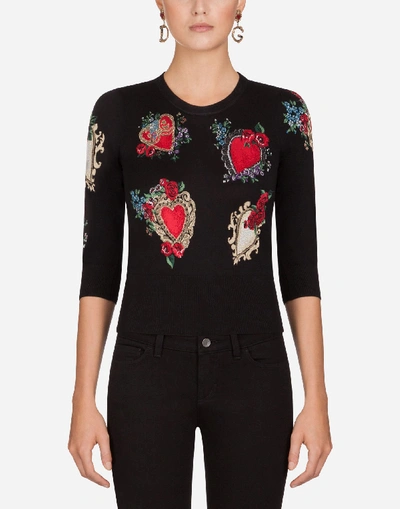 Shop Dolce & Gabbana Wool And Silk Sweater With Heart Intarsia In Black