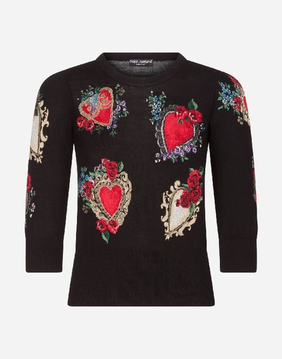 Shop Dolce & Gabbana Wool And Silk Sweater With Heart Intarsia In Black