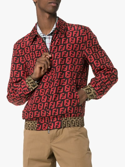 Shop Fendi Ff Print Zip-up Shirt Jacket In Red