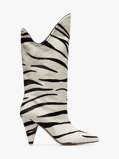 Shop Attico White Betta 85 Zebra Print Pony Hair Leather Mid-calf Boots In Black