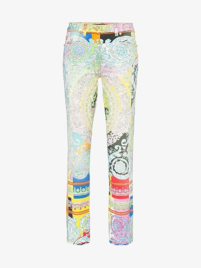 Shop Versace Baroque Print Kick Flare Slim Fit Jeans In A7000 Multicoloured