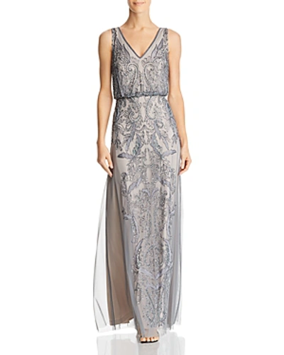 Shop Adrianna Papell Embellished Mesh Gown In Pewter/silver