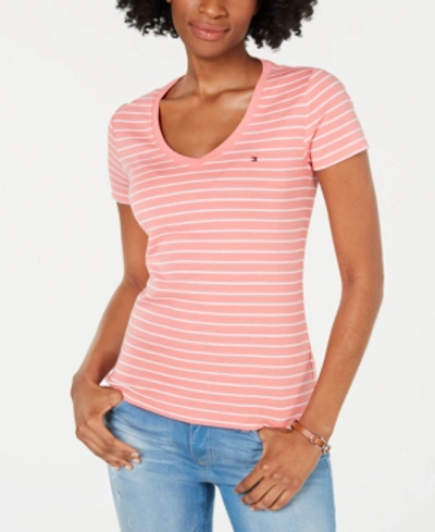 Shop Tommy Hilfiger Cotton Striped Logo-accent Top, Created For Macy's In Rose And White
