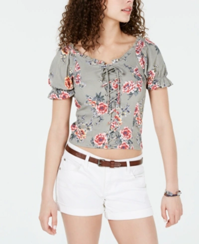 Shop Almost Famous Crave Fame Juniors' Printed Lace-up Corset Top In Sage Red