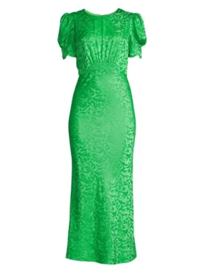 Shop Saloni Bianca Silk Jacquard Puff Sleeve Midi Sheath Dress In Green