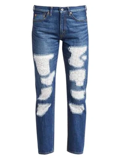 Shop Junya Watanabe Patchwork Lace Selvedge Denim Jeans In Indigo White