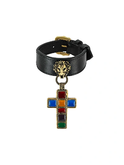 Shop Gucci Leather Bracelet With Cross Pendant - Black
