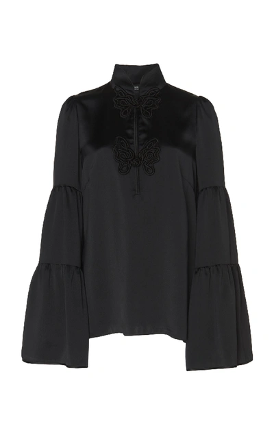 Shop Andrew Gn Embroidered Silk Crepe Blouse In Black