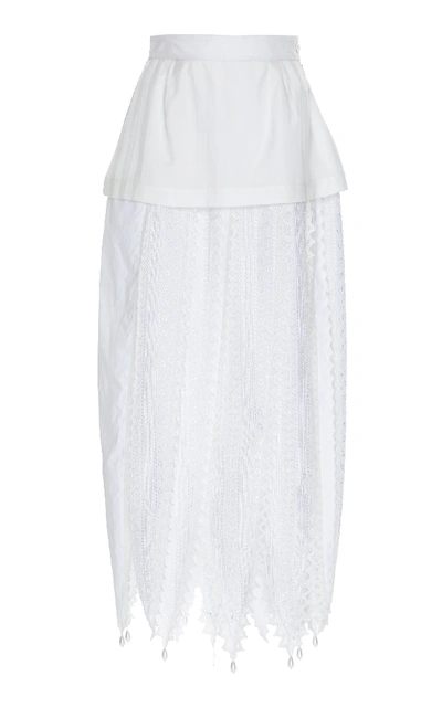 Shop Loewe Pearl-embellished Lace And Cotton Midi Skirt In White