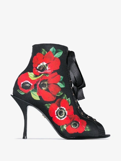 Shop Dolce & Gabbana Black 90 Floral Print Lace-up Stretch Jersey Ankle Boots In Multicoloured