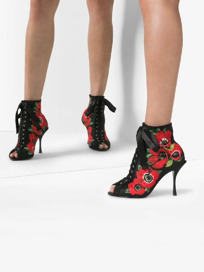 Shop Dolce & Gabbana Black 90 Floral Print Lace-up Stretch Jersey Ankle Boots In Multicoloured