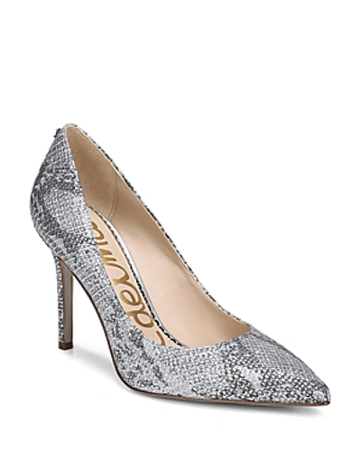 Shop Sam Edelman Hazel Leather Pointed Toe Pumps In Soft Silver Embossed Leather