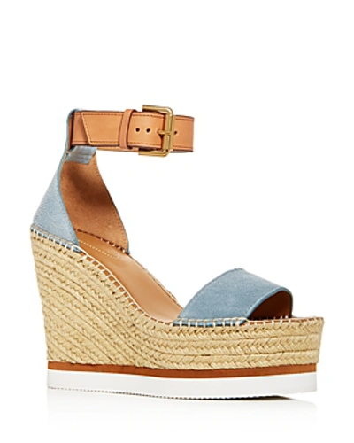 Shop See By Chloé Glyn Leather Espadrille Platform Wedge Ankle Strap Sandals In Medium Blue Suede