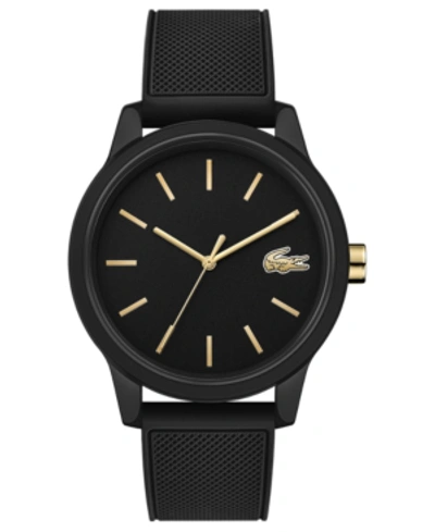Shop Lacoste Men's 12.12 Black Rubber Strap Watch 42mm In Black Dial