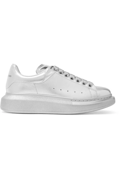 Shop Alexander Mcqueen Metallic Leather Exaggerated-sole Sneakers In Silver