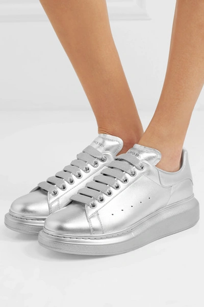 Shop Alexander Mcqueen Metallic Leather Exaggerated-sole Sneakers In Silver